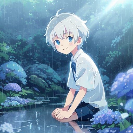 Makoto Shinkai-Inspired Anime Boy Smiles in the Rain