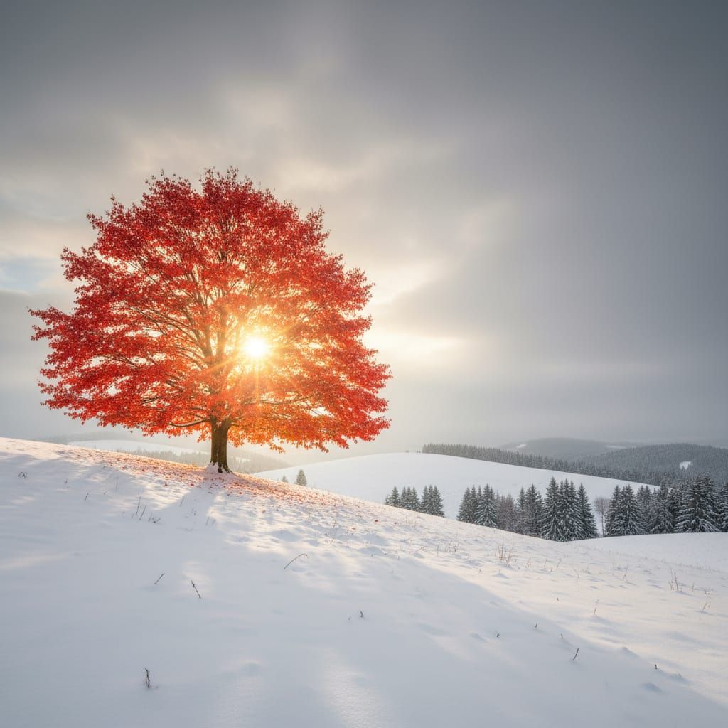 A snowy landscape surrounded by hills. On one of the hills stands a vibrant tree with red leaves. In the background of the tree, the sun shi...
