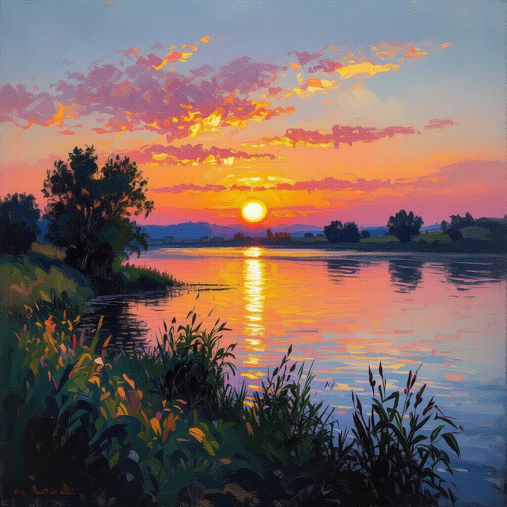 Sunrise Over Horizon in Impressionistic Oil Painting Style