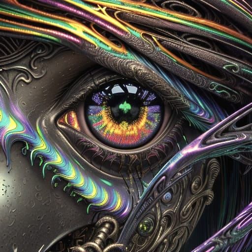 Landscape photograph Weird digital painting. Close-up shot. A metallic rainbow in a psychedelic sky, melting into a pool of vibrant dark, bi...