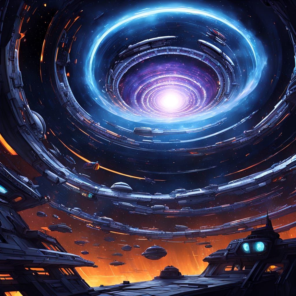 The starship is sleek and futuristic, with glowing engines and advanced technology. The wormhole is a swirling vortex of...