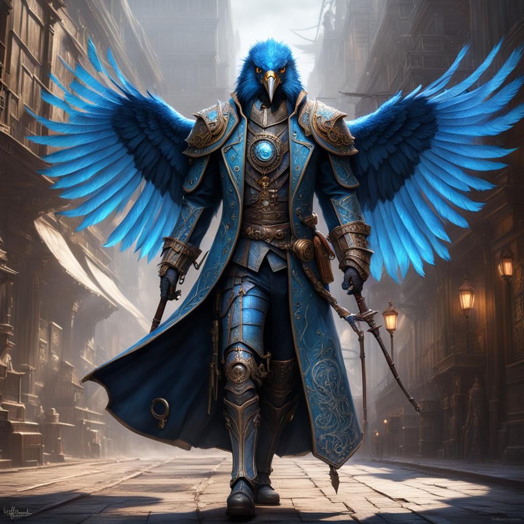 Warrior bird, blue feathers, male, tall, scars on face, extr...