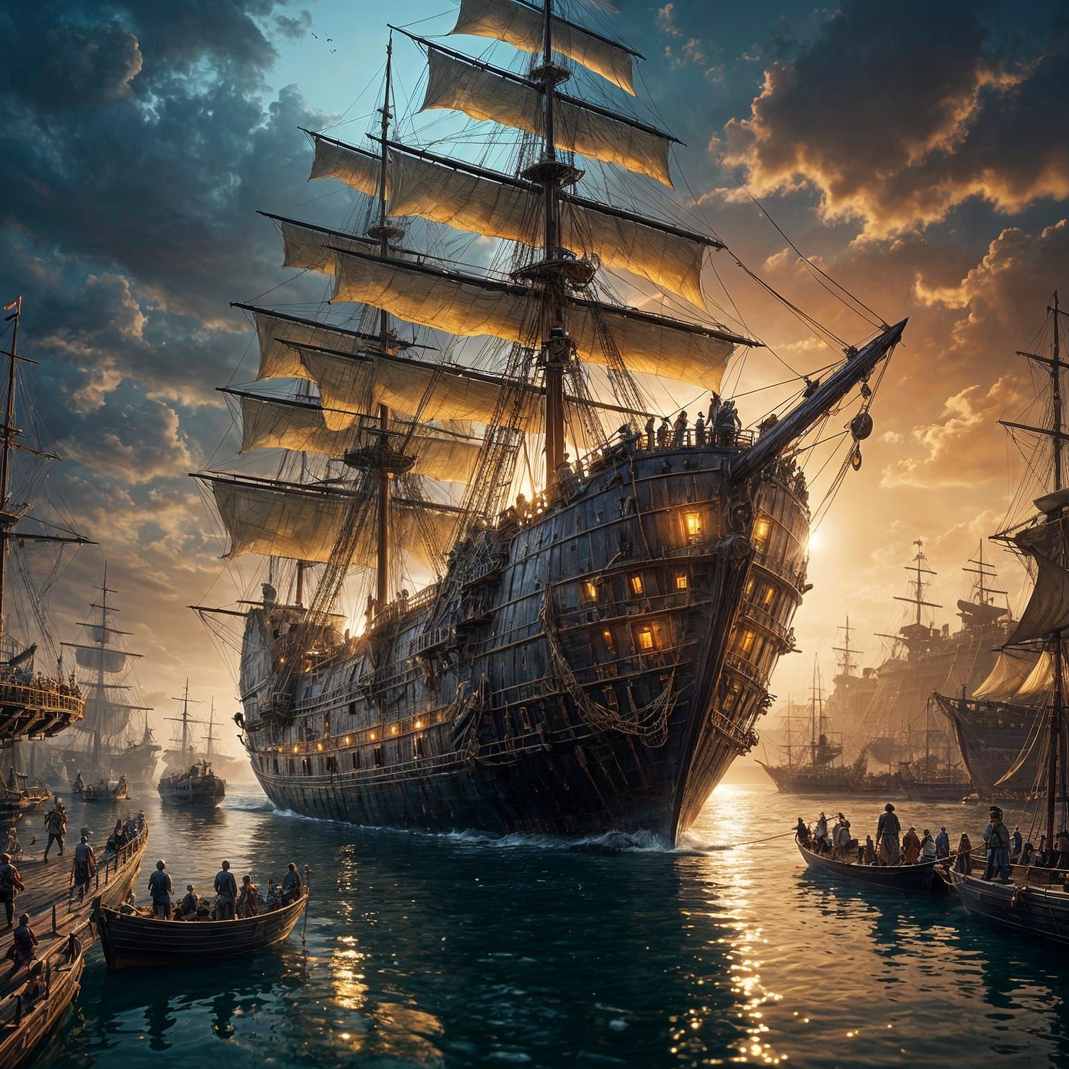 Epic Galleon Ship in Golden Harbor Light