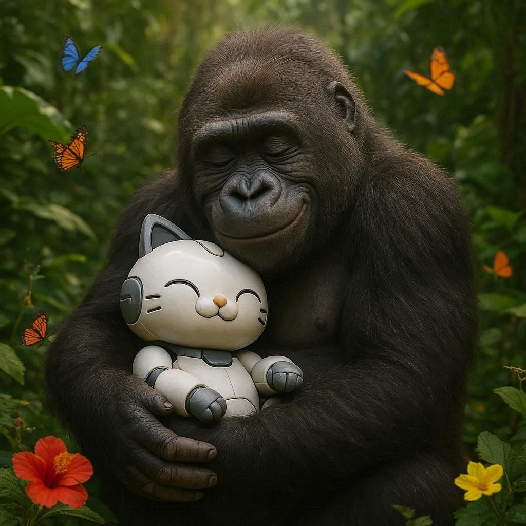 Gorilla hugging her robot cat