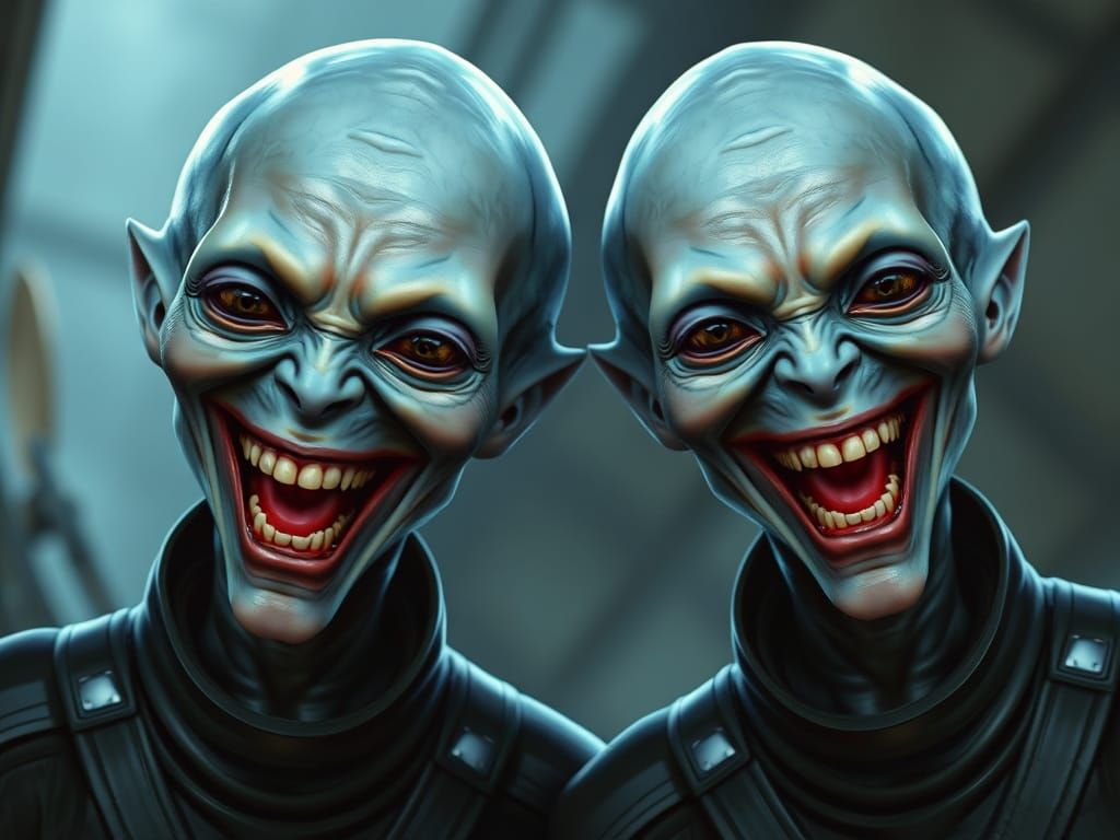 Laughing Blue Aliens in Futuristic Attire