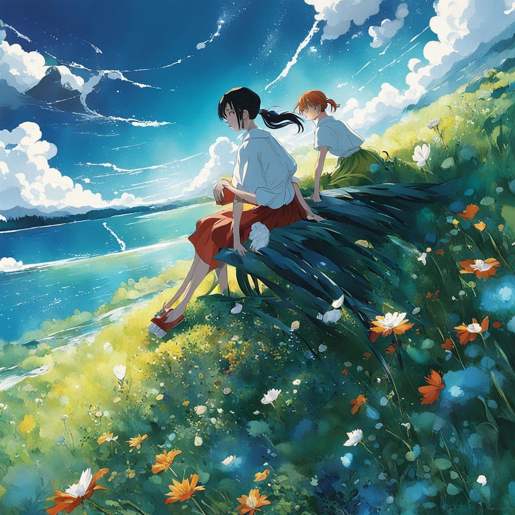 Serene Anime Scene with Two Girls in a Lush Meadow