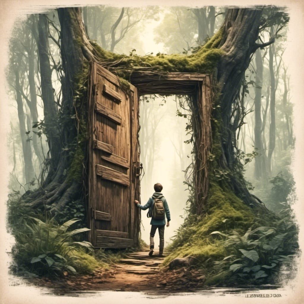  <lora:Berita:1.0> discovering a hidden door in a dense forest
