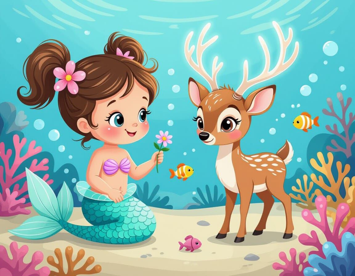 a cute toddler mermaid with pigtails, a flower, and a bubbly personality is playing hide-and-seek with a shy mystical deer near a coral reef...