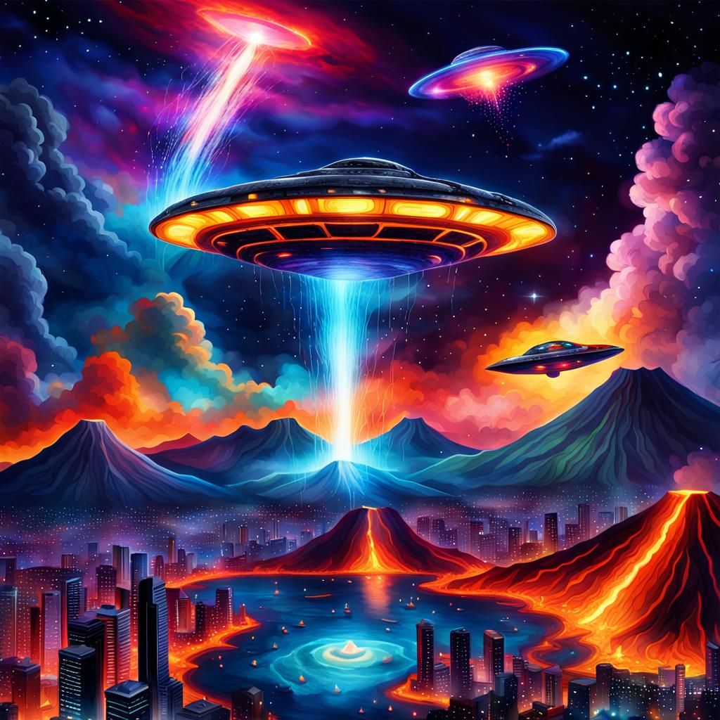 Floating Tropical Island Volcano with Cyberpunk UFO