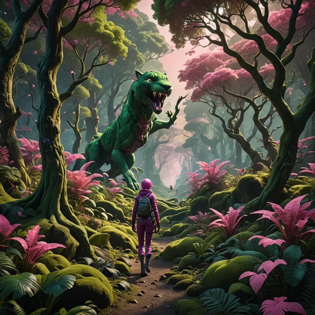 Small green forest with Camouflaged woman hunting the pink p...