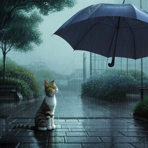 cartoon cat in the rain under an umbrella