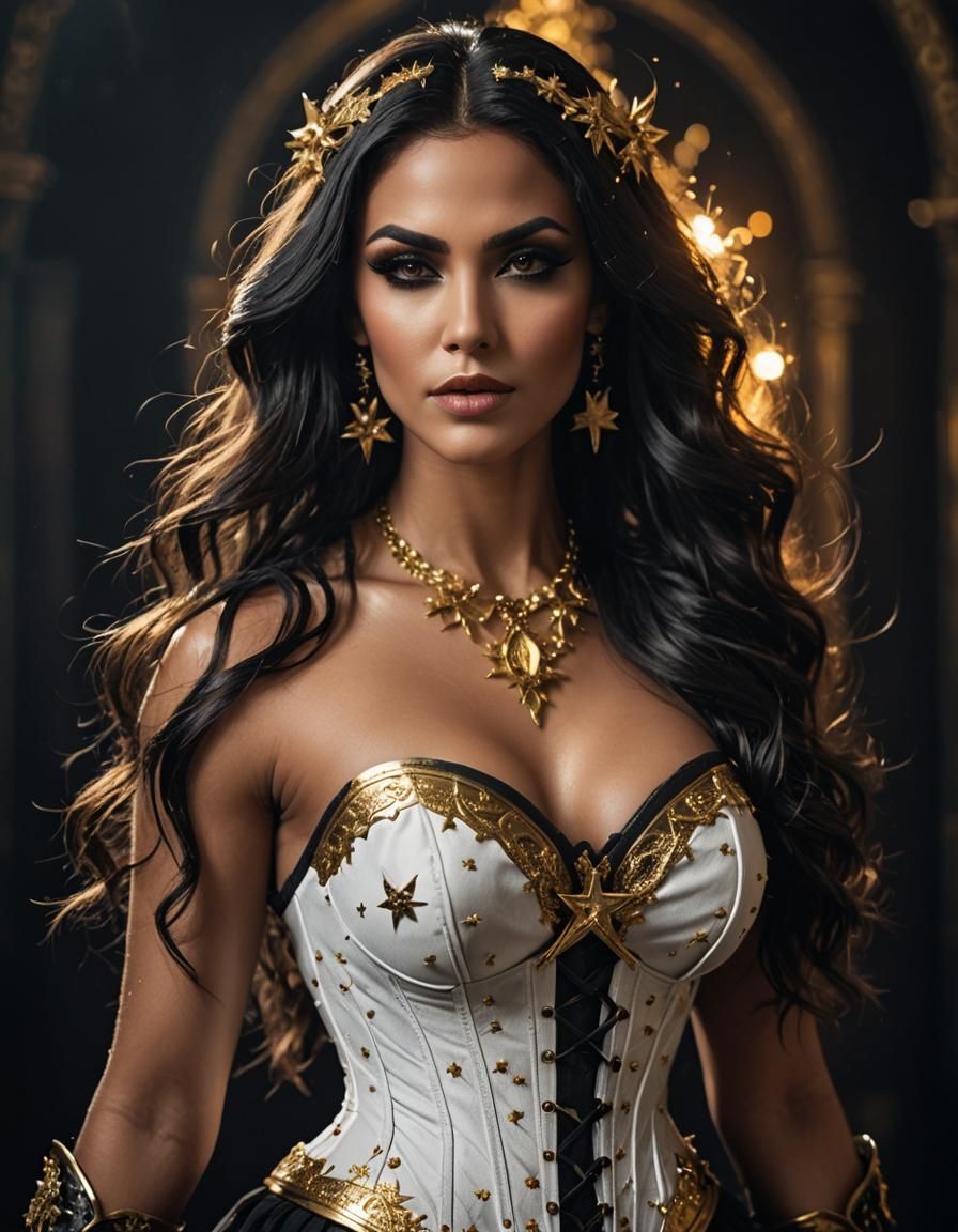 gorgeous muscular female necromancer with large chest wearing magical black corset created completely from golden stars and magical occult m...