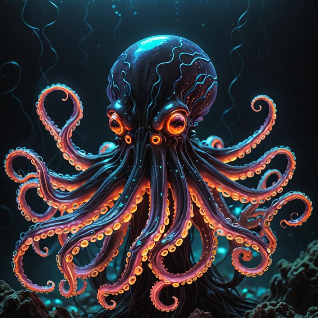 Glowing Neon Horror optical fibers octopus, dark eldricht ocean abyss ...