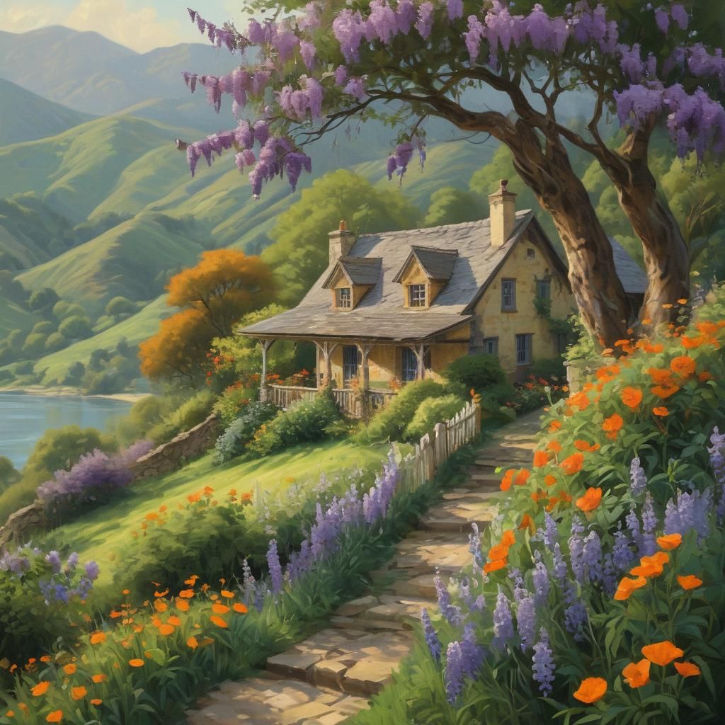 Mapletree with orange yellow and red leaves. Golden hour,  medium shot, glowing hills, medival picturesque cottages, highly detailed clouds