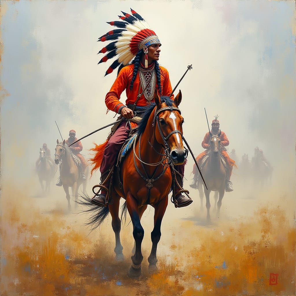 Indian Warrior on Battlefield: Abstract Expressionist Painti...