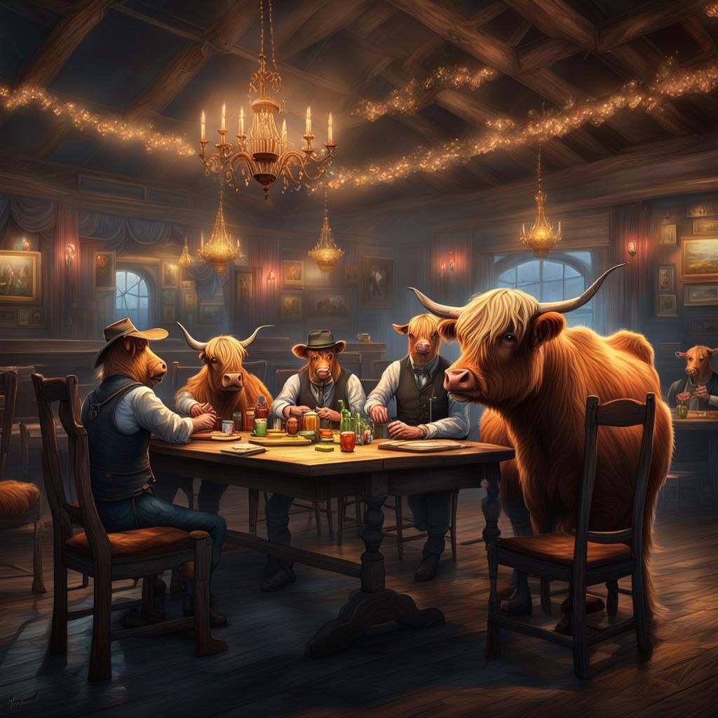 4 Highland cows sitting nd a horse at dining table in casino...