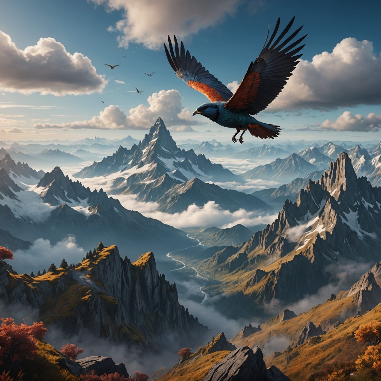 Bird Flying Above Mountains of Clouds in Fantasy Art