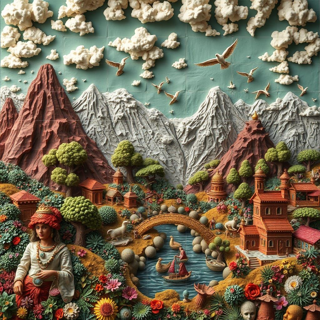 3D relief newspaper mosaic collage art landscape