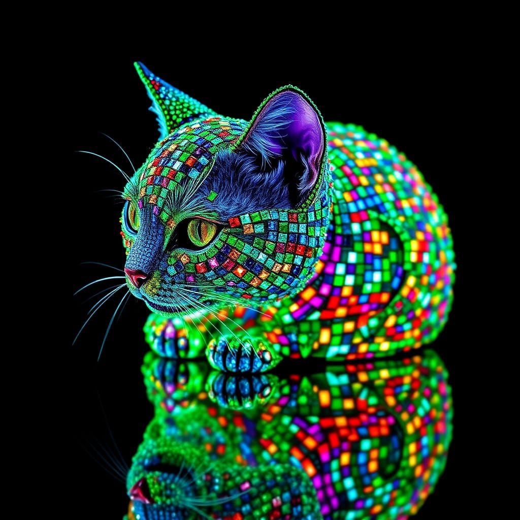 Hyper detailed neon mosaic made out of squares of a bejeweled cat. Neon square tiles on a mirrored black ...  by @Mistymaywrite