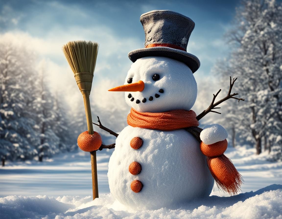A snowman with a broom and a carrot nose. intricate details, HDR, beautifully shot, hyperrealistic, sharp focus, 64 megapixels, perfect comp...
