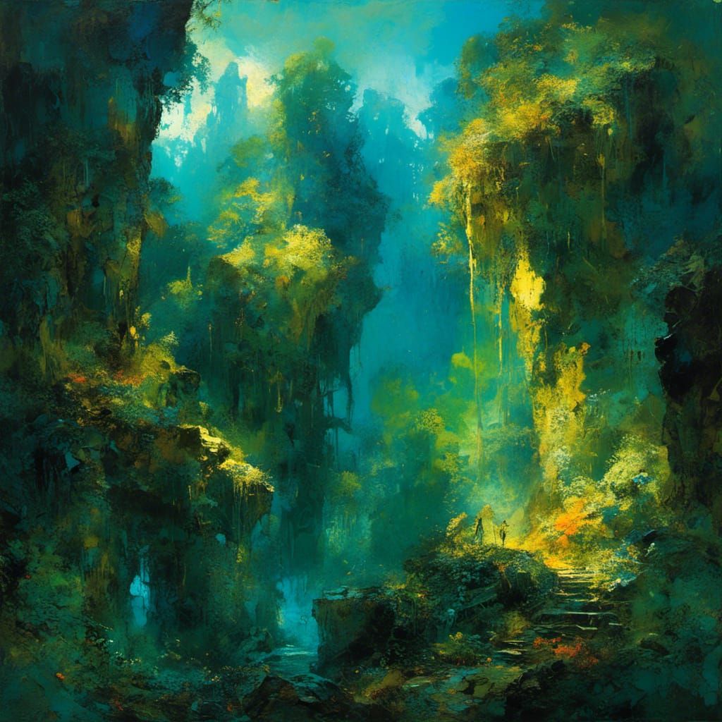 <lora:MJ6 Painterly:1.0>A mythical creature sanctuary hidden deep within a mystical forest, expressionism painting, the overall style has e...