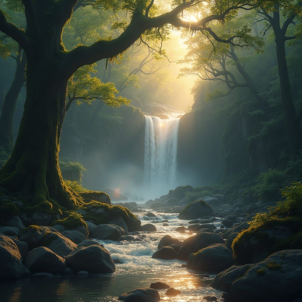 “A magical forest with a glowing waterfall, surrounded by moss-covered rocks, soft golden sunlight filtering through tall ancient trees, mis...