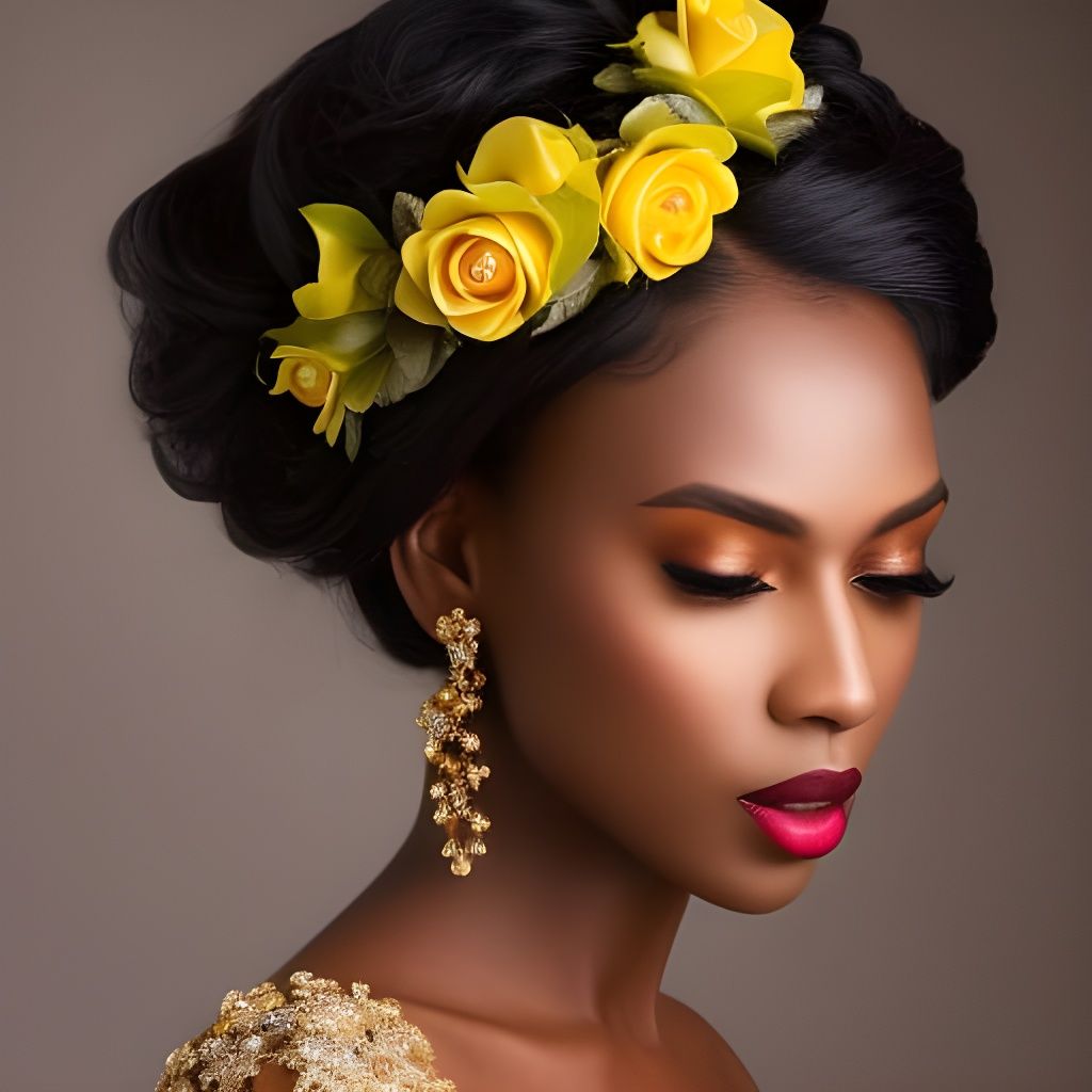 beautiful dark skinnned big bosom model in gauzy sheer yellow dress and a elegant yellow rose crown  by @undefined