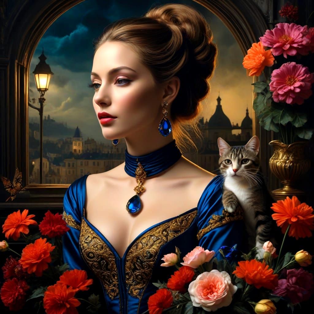 Surreal Baroque Lady in Enchanting Night Scene