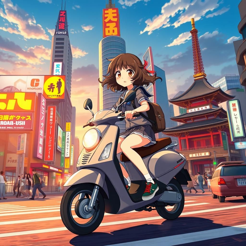 Anime Girl on Scooter in Tokyo: Vibrant Illustration