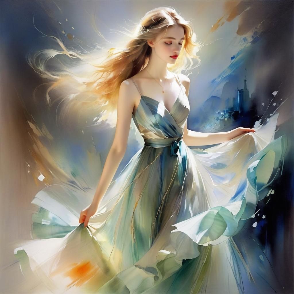 Ethereal Girl in Flowing Dress: Impressionist Style