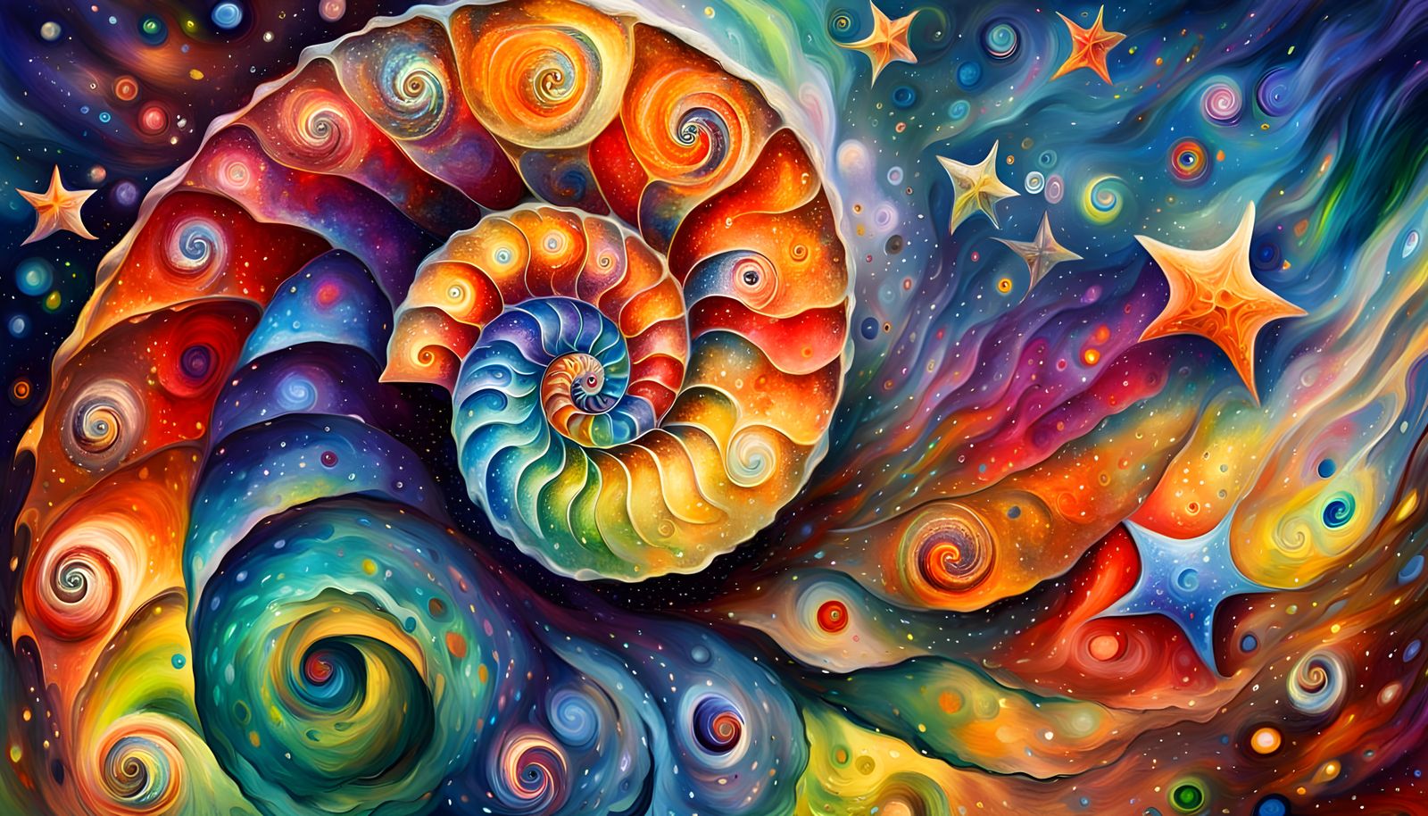 Add the several individual Large Pointed-Stars. Macro Close-up of a Rainbow Colored Cosmic Ammonite-shaped ...  by @gumi