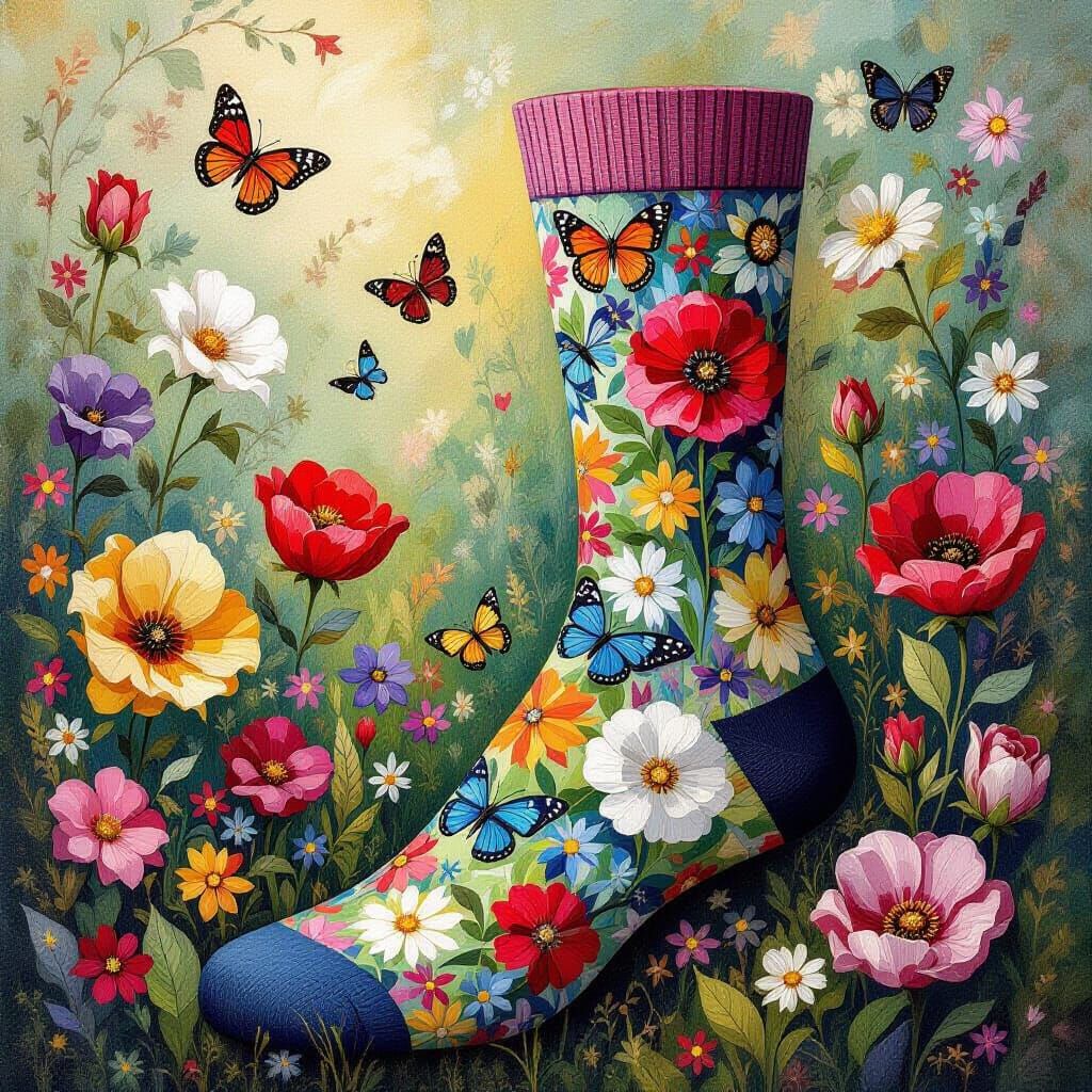 Sock design. A whimsical garden of colorful butterflies and blooming flowers wraps around the sock, creating ...  by @Adriana