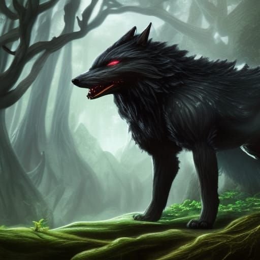 black fenrir face coming out of a big tree forest facing the front of ...