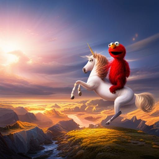 Elmo on top of a unicorn.
 shimmering landscape. Bold master...