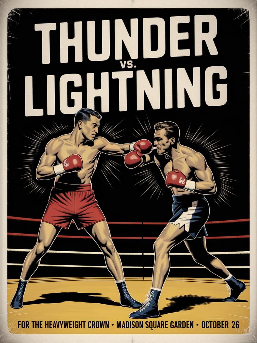 A vintage 1940s boxing match poster, "Thunder vs. Lightning". Cinematic hyper-detailed illustration of ...  by @JuiceBox