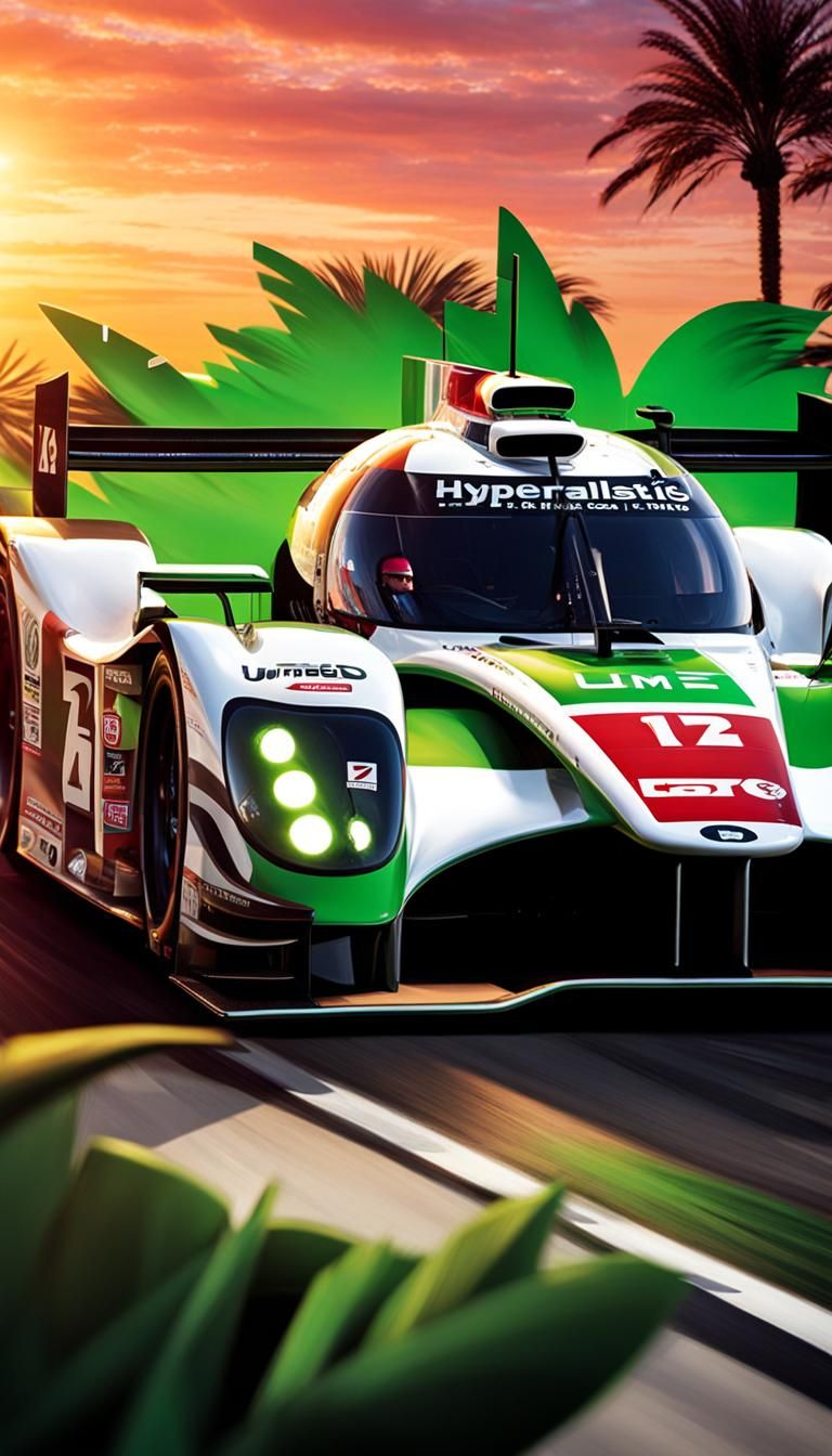 Hyperrealistic photo of a lmp2 car white and green, palm tre...