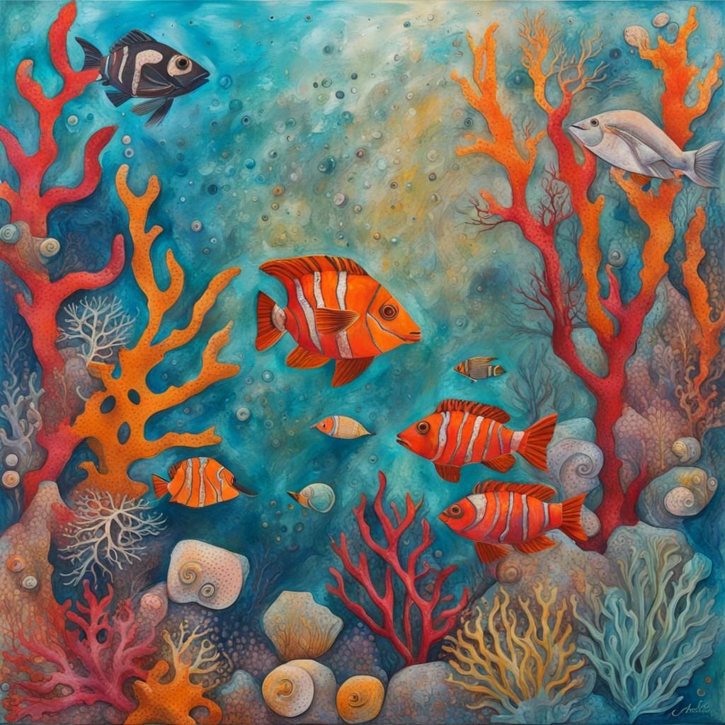 Mixed media Papier Collé under water ocean scene with colorful marine ...