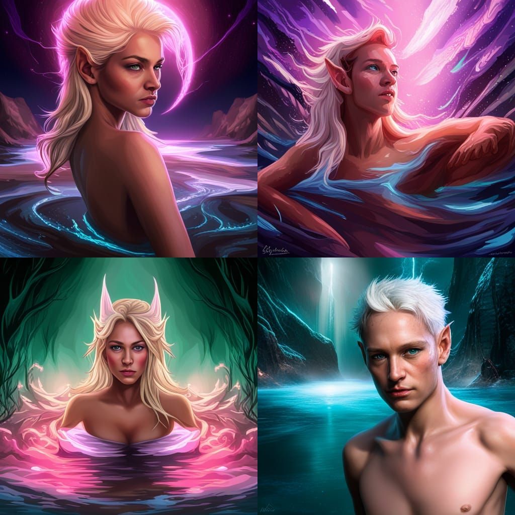 Cute short haired blond elf with pointy ears bathing in the ...