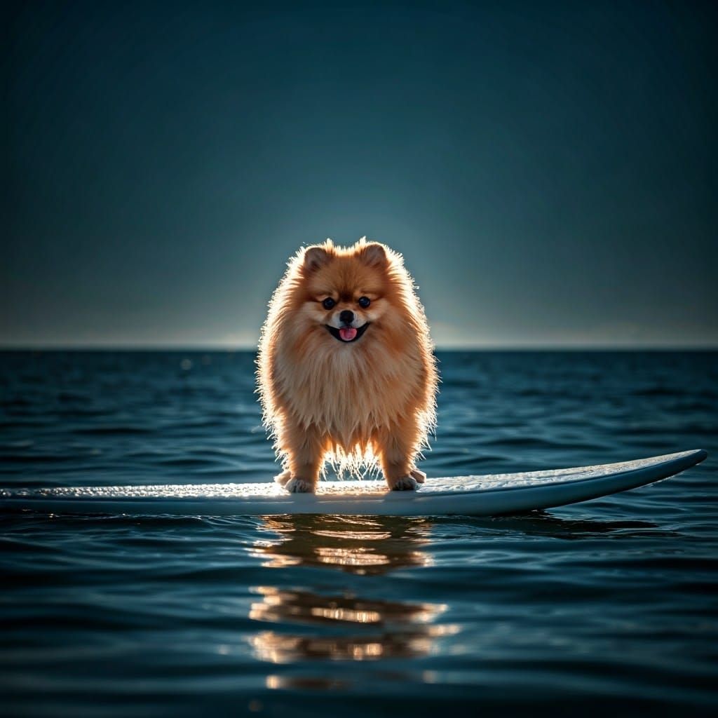 Surfing Furry Pomeranian Dog on Dark Background