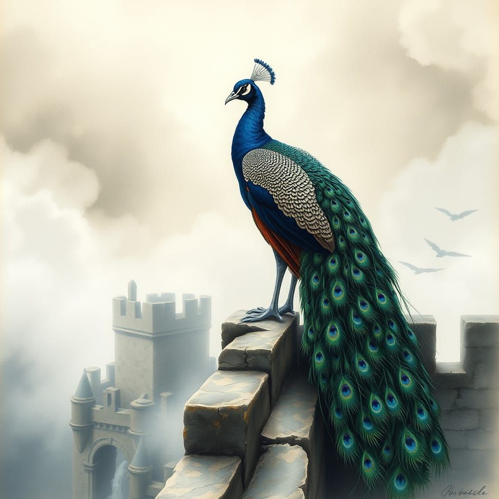 Majestic Peacock Amidst Morning Mist, Castle Ruins