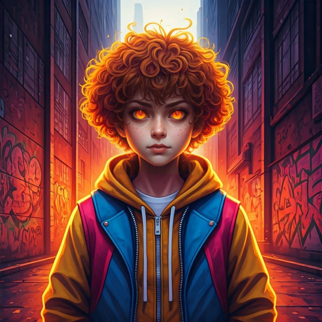 Boy with Fiery Eyes in Urban Alleyway
