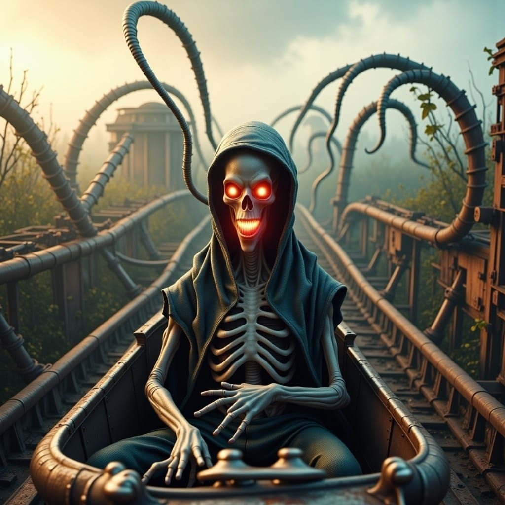 A perfect candid photograph of a transparent glowing xenomorph alien ghost riding a roller coaster in an abandoned theme park. HD DSLR sharp...