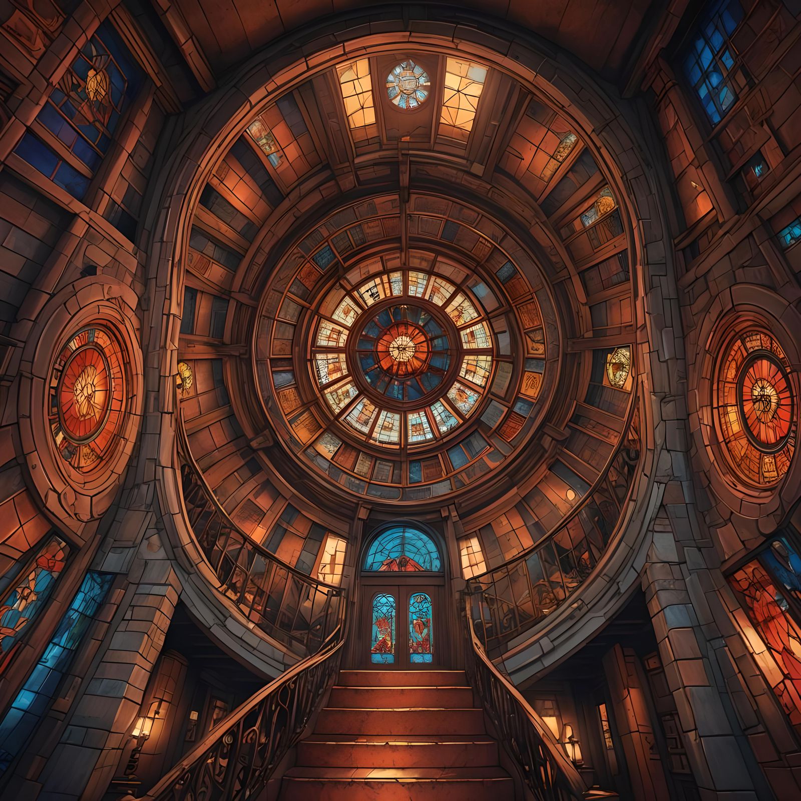 Looking up Inside a large Tower made of Red Clay, beautiful ...