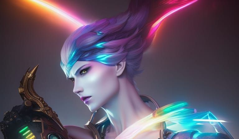 Artgerm, WLOP, Greg Rutkowski; Beautiful White-haired Rainbo...