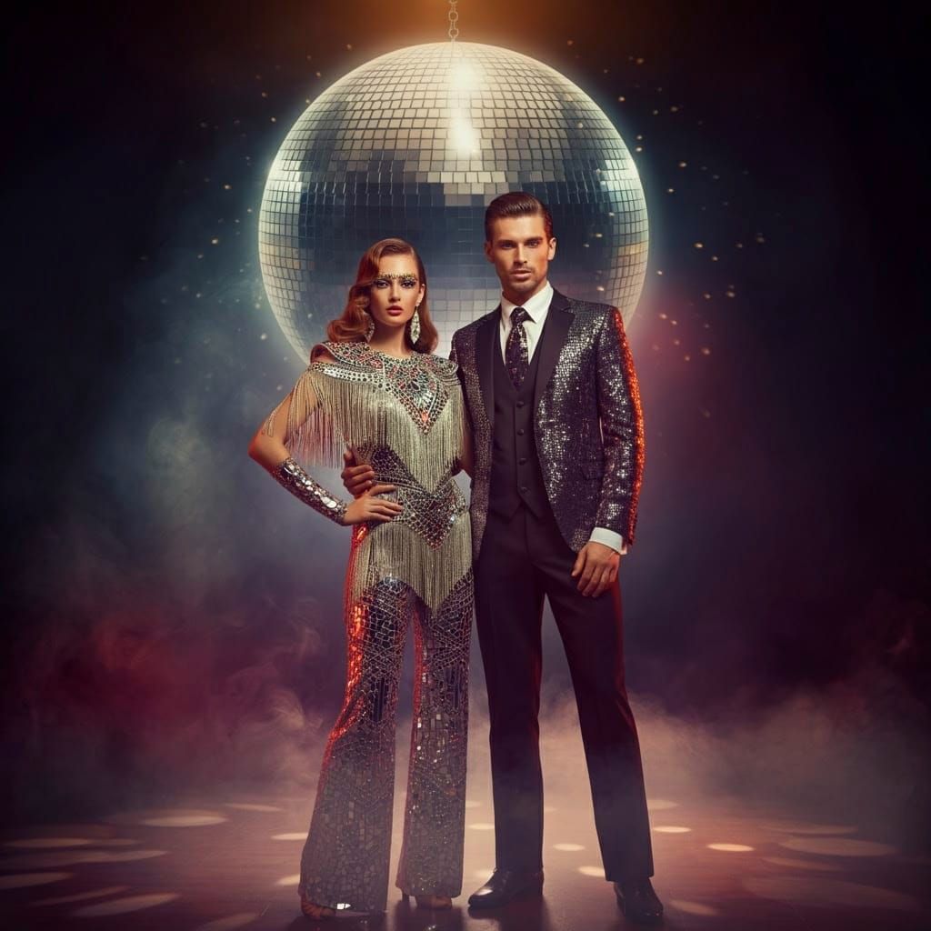 A couple dressed for modern disco dancing. 