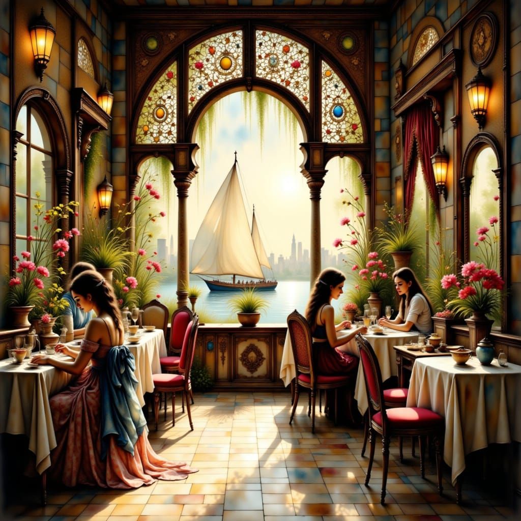 <lora:The Divine Flux:1.0> A serene coffeeshop on the banks of the majestic River Nile, with lush greenery, vibrant flowers, and traditional...