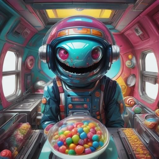 <lora:Bonbon Panic:1.0>
Whimsical vintage sci-fi creature/ retro Technicolor kitchen appliance hybrid. Surreal off the wall cartoon art. Can...