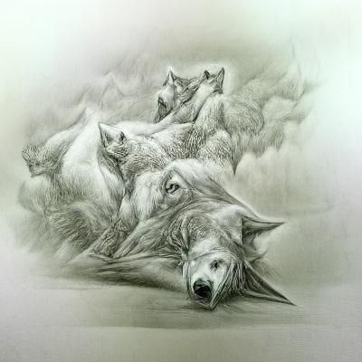 Modern pencil sketch on white paper, wolves of air