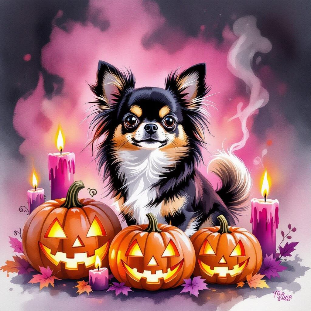 Chihuahua's Halloween: Whimsical Watercolor Painting