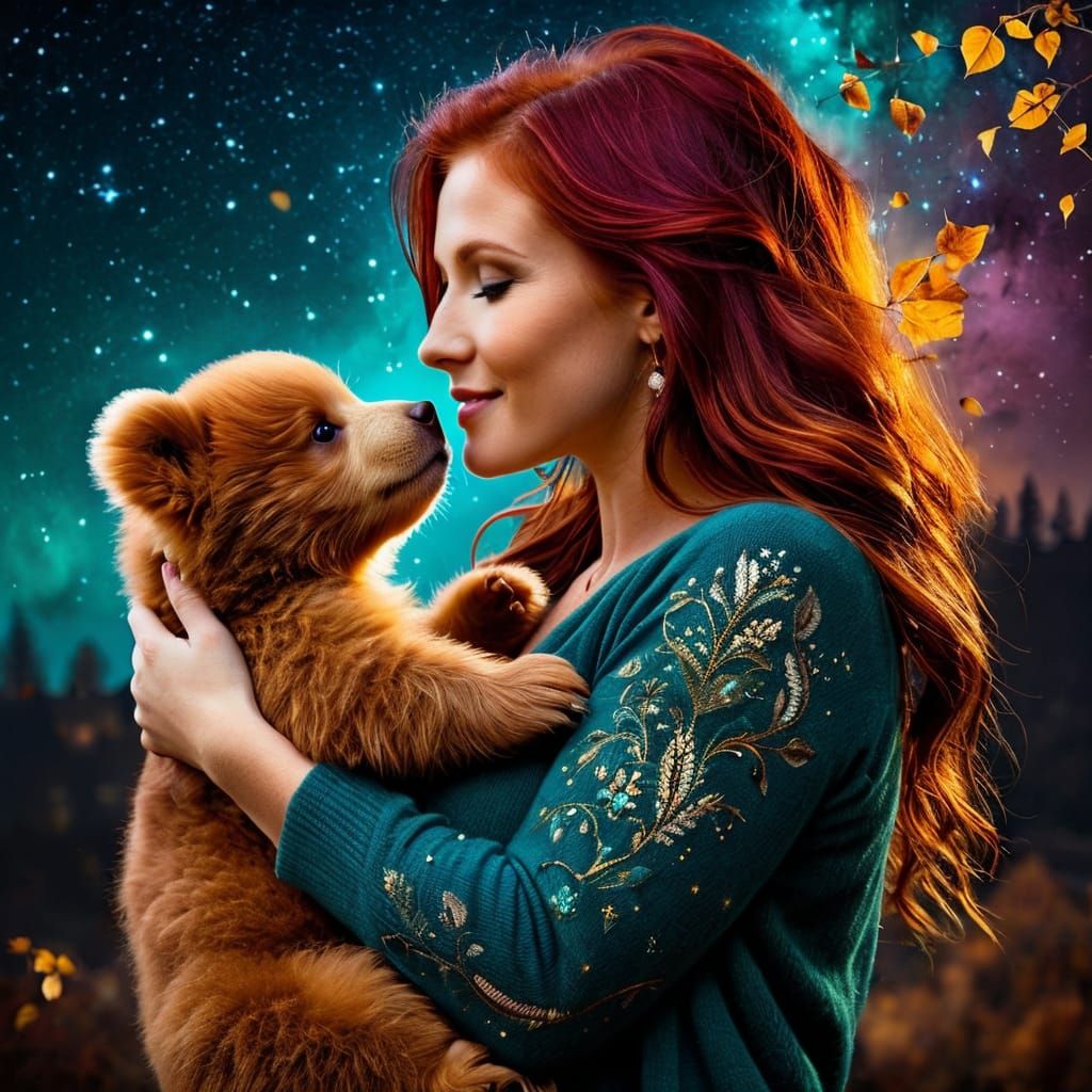 A beautiful girl with flowing red hair that blows in the wind holds a baby Kola bear in her arms